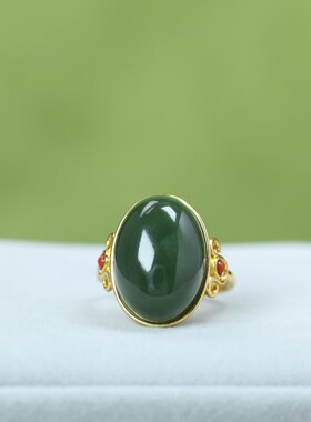 复古和田玉青海料925银镶开口戒