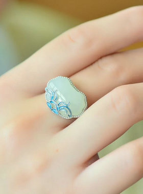 国潮复古天然和田玉白玉戒指