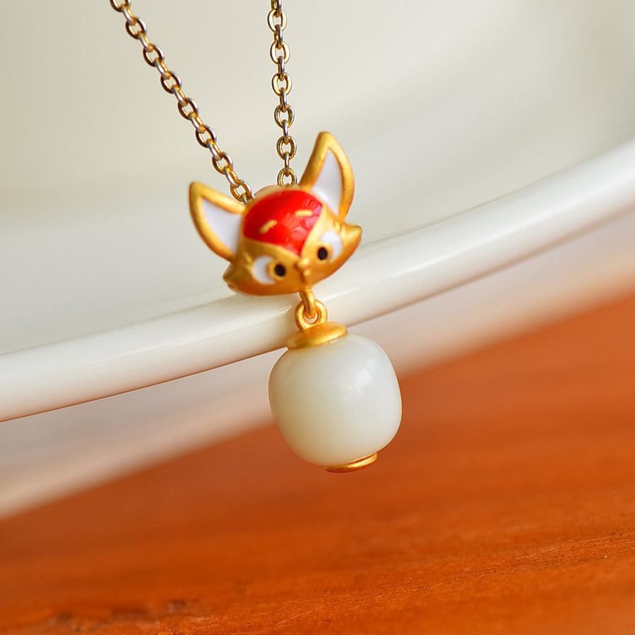 和田玉吊坠羊脂玉狐狸锁骨链项链925纯银金镶玉吊坠女送情人老婆