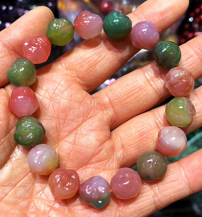天然盐源玛瑙佛头手链糖果色天然水晶玉石精雕手串男女款饰品手串