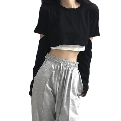 超短款露脐假两件长袖T恤女