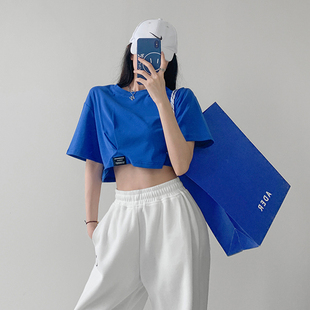 短袖女配牛仔阔腿裤 工装裤老爹裤搭配跳舞上衣服高腰露脐短装T恤