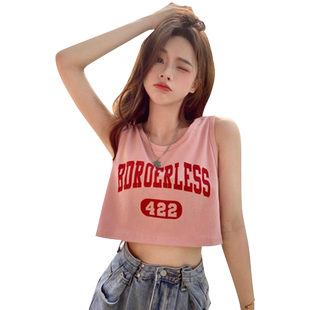 爵士舞露脐高腰短款背心无袖t恤女泫雅辣妹风ins超火嘻哈街舞上衣