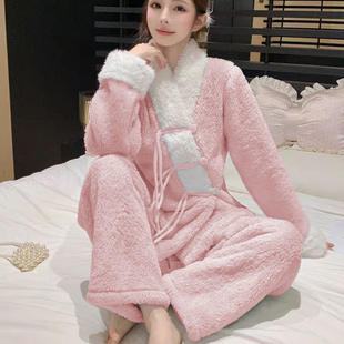 2025新款珊瑚绒睡衣女款秋冬加绒加厚保暖套装新中式甜美风家居服