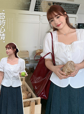 露锁骨方领上衣女胖mm大码白色泡泡袖短款显瘦衬衫62727 强明女装