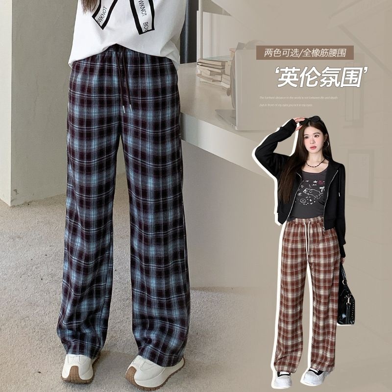 美式懒惰风格纹休闲裤秋季大码胖mm垂感阔腿直筒裤63525 强明女装