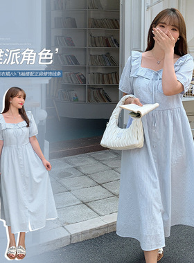 茶歇法式连衣裙胖mm大码木耳花边方领蓝色条纹显瘦63019 强明女装