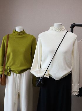 2025秋冬新韩版木耳边半高领气质显瘦百搭针织打底衫5609强明女装