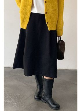 显瘦黑色蓬蓬毛呢半身裙女冬季a字伞裙中长款花苞裙11046强明女装