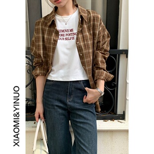 港风复古咖系格子POLO领衬衫女2025新款宽松长袖开衫2501强明女装