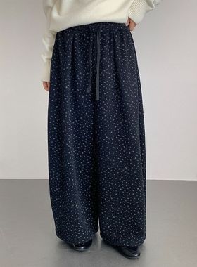 复古气质小花加绒加厚休闲裤女宽松显瘦阔腿长裤子11072强明女装