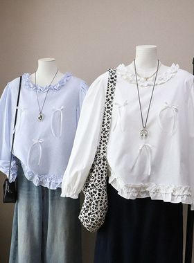 2026早春新韩版木耳边立体蝴蝶结条纹显瘦泡泡袖衬衫5898强明女装