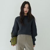 高级灰绞花斜肩一字领套头毛衣宽松针织内搭上衣11110 强明女装