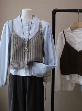 2025秋季新款韩版两件套圆领长袖衬衫+百搭吊带背心4892强明女装