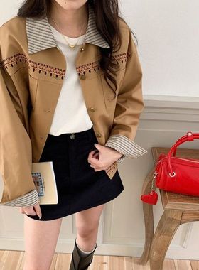 早秋新款 民族风刺绣条纹翻领休闲外套短ZY3234 强明女装
