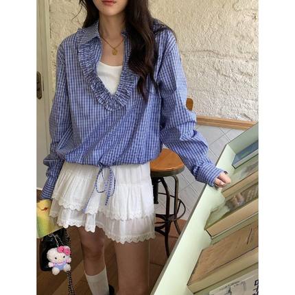 早秋新款 慵懒风木耳边V领绑带格纹衬衫ZY3147 强明女装