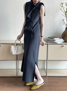 设计款飘带无袖衬衫上衣+高腰气质开衩半身裙两件套2705 强明女装