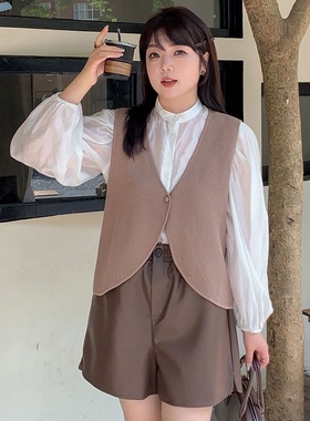 大码v领外搭无袖上衣针织衫2025秋胖mm宽松背心马甲22697强明女装