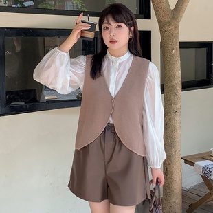 大码v领外搭无袖上衣针织衫2025秋胖mm宽松背心马甲22697强明女装
