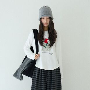 圣诞帽卡通小狗德绒长袖T恤女加绒加厚洋气修身上衣11084强明女装