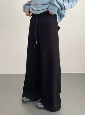 韩系加绒加厚糯米裤阔腿裤冬新松紧高腰阔腿休闲裤11056强明女装