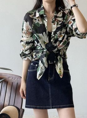 法式复古碎花长袖衬衫夏薄款休闲衬衣宽松防晒开衫82516 强明女装