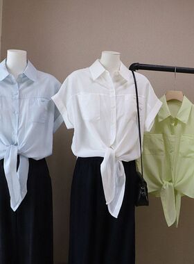 2026夏季新品 韩版气质绑带衬衫短袖 女式口袋衬衣6010 强明女装