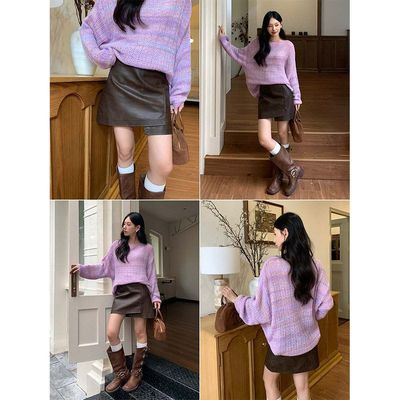 黄峥高腰不规则字半身皮裙女韩