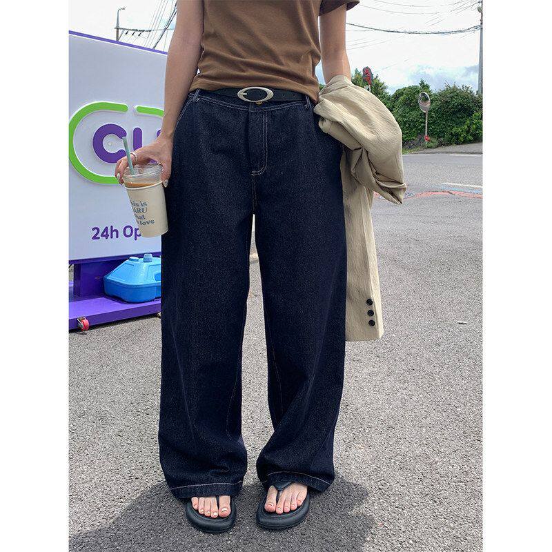 复古水洗棉直筒牛仔裤女小个子显腿长阔腿长裤530768强明女装