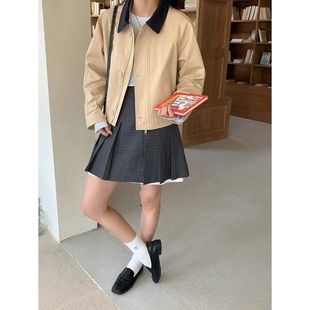 强明女装 风衣外套ZY2756 复古拼色翻领宽松短款 早春新款