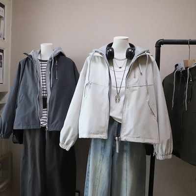 2026早春新韩版假两件连帽拼接宽松休闲百搭夹克外套5803强明女装