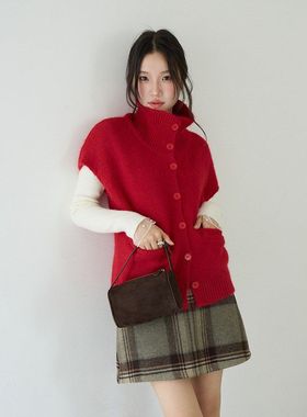 洋气新年红无袖坎肩针织开衫毛衣女装宽松高领上衣11099强明女装