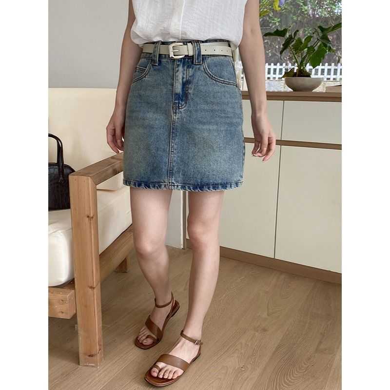 含腰带 复古水洗感全棉高腰直筒牛仔短裙ZY1885 强明女装