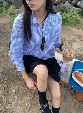 法式复古蓝色格子条纹POLO领衬衫衬衫宽松休闲上衣530719强明女装