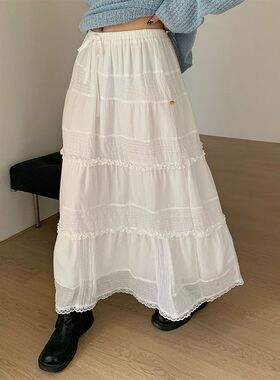 松紧腰多层拼接蕾丝花边半身裙秋A字蛋糕中长裙子530958强明女装