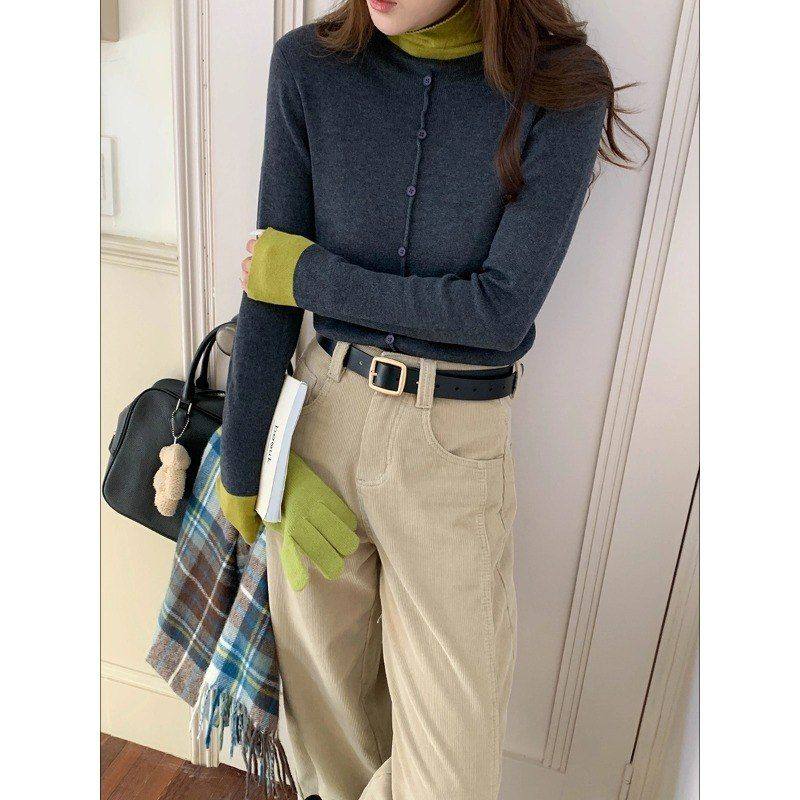 thMorning纽扣设计感撞色高领