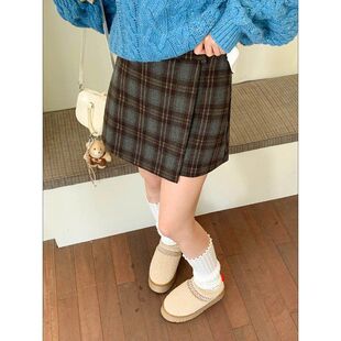 格兰多学院 不规则格纹高腰A字毛呢短裙ZY3740强明女装