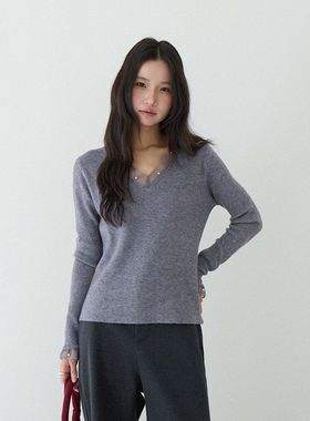 v领网纱拼接钉珠百搭针织打底衫新款显瘦长袖上衣11097强明女装