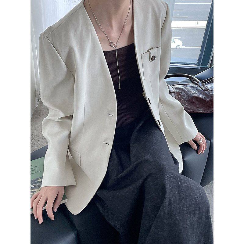 小众款！韩系V领设计感西装女2025秋无领正肩外套2688强明女装