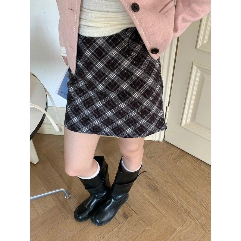 复古艺术生 小个子格纹撞色毛呢半身短裙ZY3387强明女装
