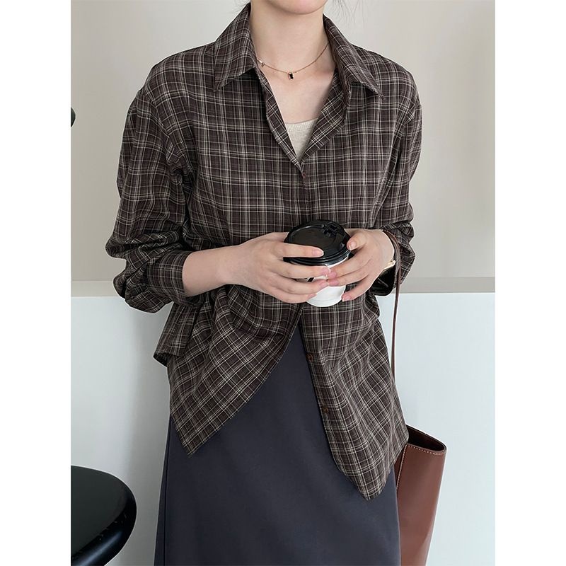 棉格子衬衫2025秋韩宽松慵懒风小众复古港味长袖衬衫2603强明女装