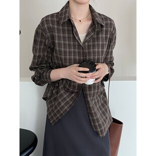 棉格子衬衫2025秋韩宽松慵懒风小众复古港味长袖衬衫2603强明女装