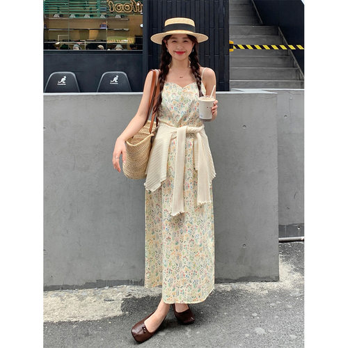 小清新碎花茶歇吊带连衣裙2025夏韩版中长款裙子142LH263强明女装