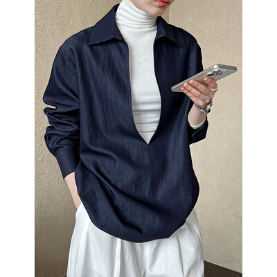 轻熟长袖V领衬衫2025秋季新款时尚牛仔外搭叠穿上衣8696 强明女装