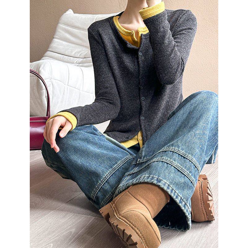 2025秋冬季新款针织外套韩版假两件设计感宽松针织衫9288强明女装