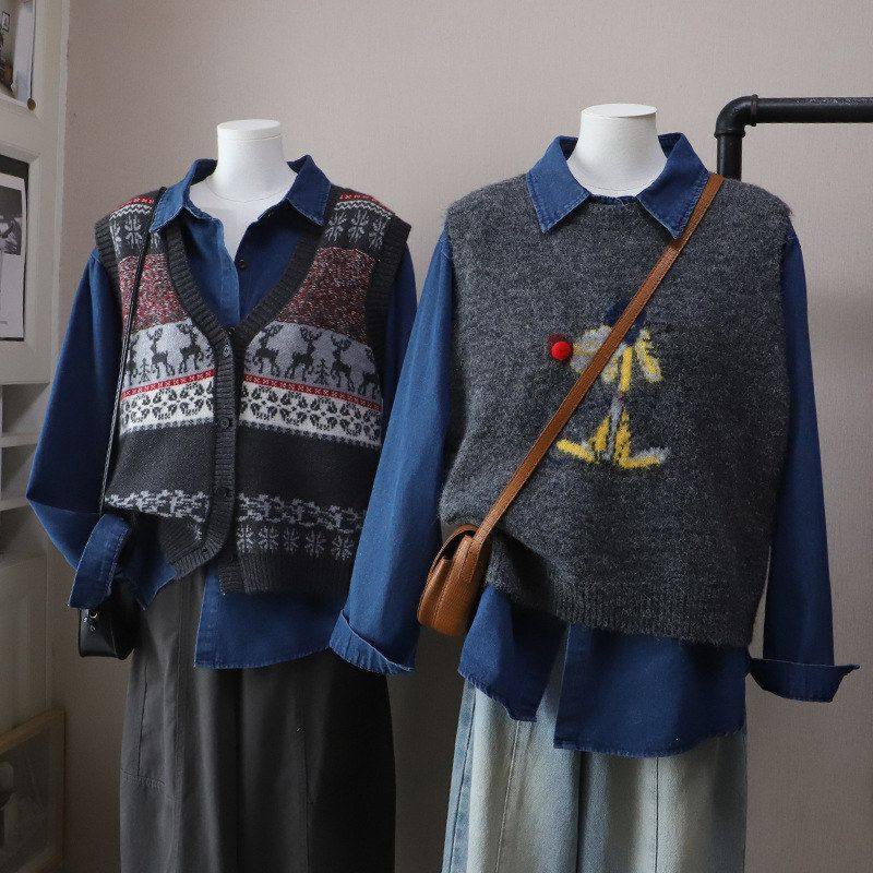 2026早春新韩版时尚休闲两件套牛仔衬衫针织马甲背心5793强明女装