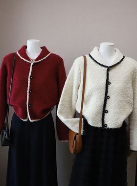 2025秋冬新韩版小香风复古撞色显瘦百搭开衫短款毛衣5813强明女装