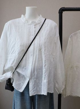 2026早春新款韩版花边领压褶刺绣减龄显瘦长袖衬衫女5847强明女装