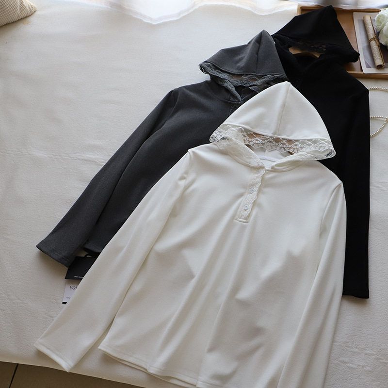 2025冬季新韩版蕾丝拼接连帽休闲宽松长袖T恤打底衫3068 强明女装