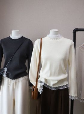 2025秋冬新韩系蕾丝拼接减龄修身显瘦百搭针织打底衫5709强明女装